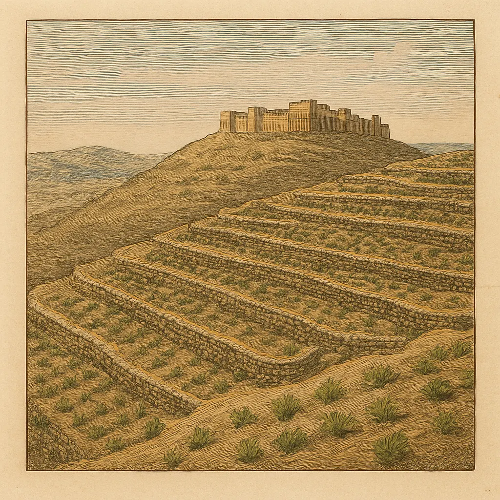 Highland terrace plantings, Yemen, circa 1580s. Hand-coloured engraving.