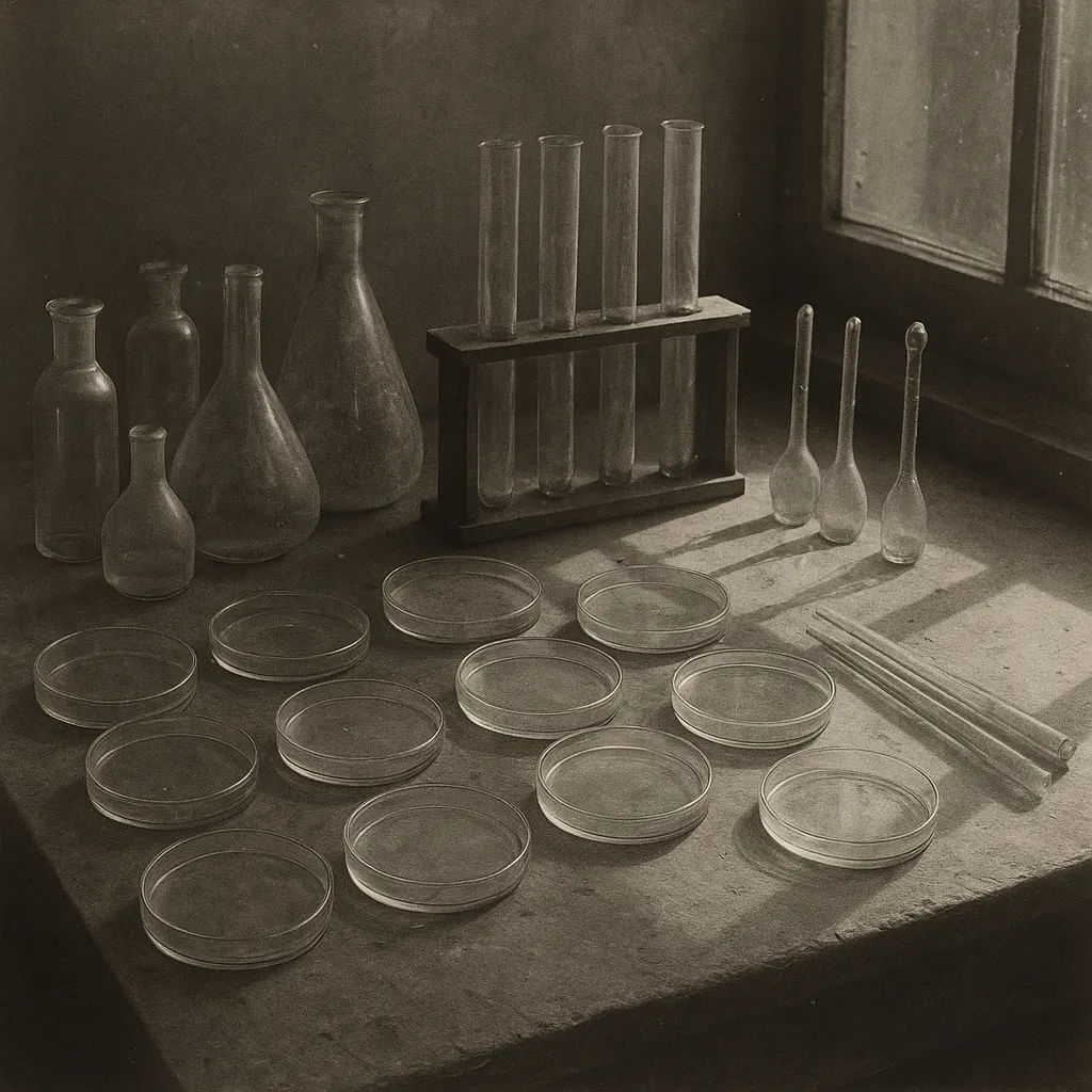 Laboratory workbench with bacterial cultures and glassware, Nha Trang, circa 1910.