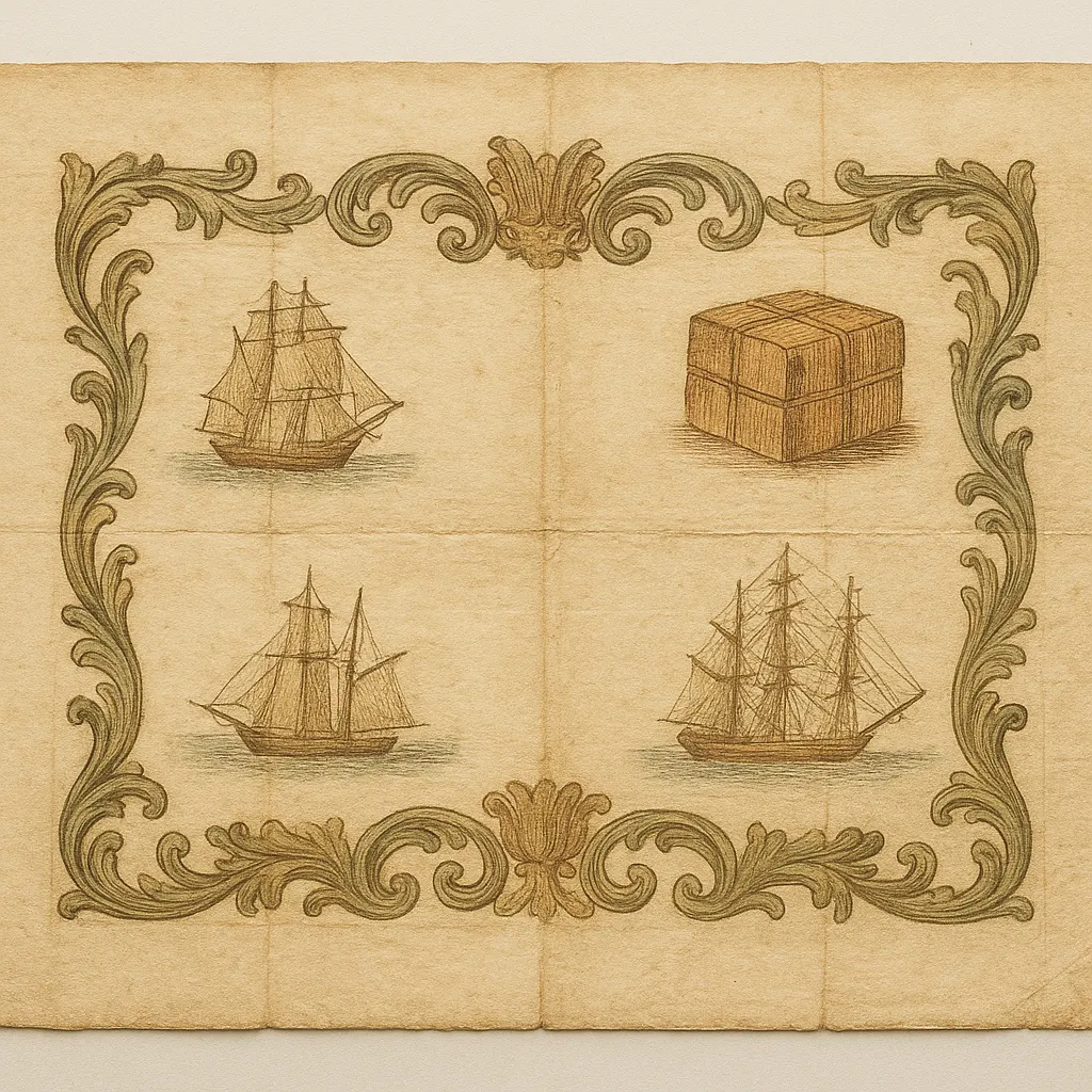 Colonial merchant broadside advertising imported goods, circa 1720. Engraved and hand-coloured on paper.