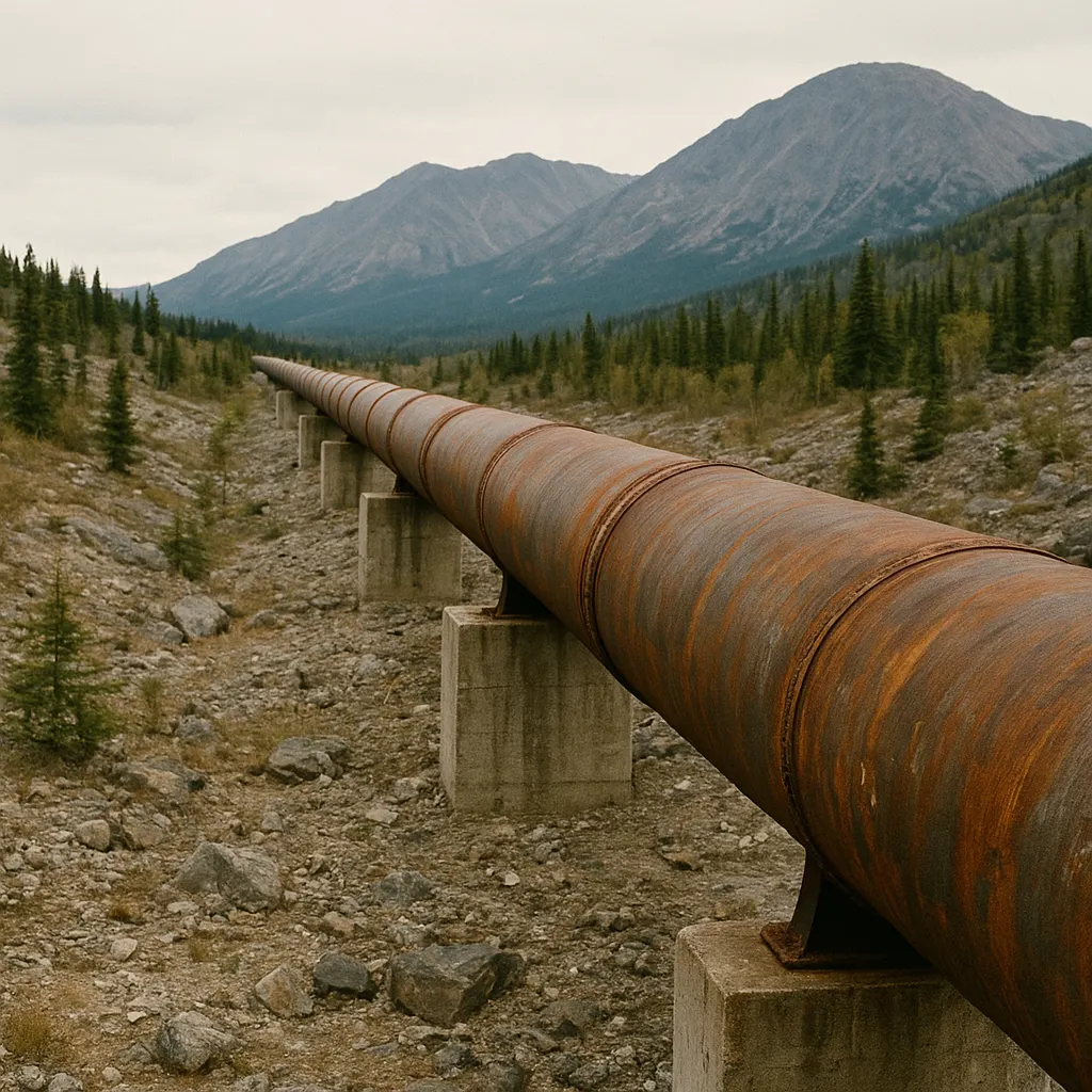 Eastern Siberia–China Pipeline near Tayshet, 2009. Steel pipeline, concrete supports.