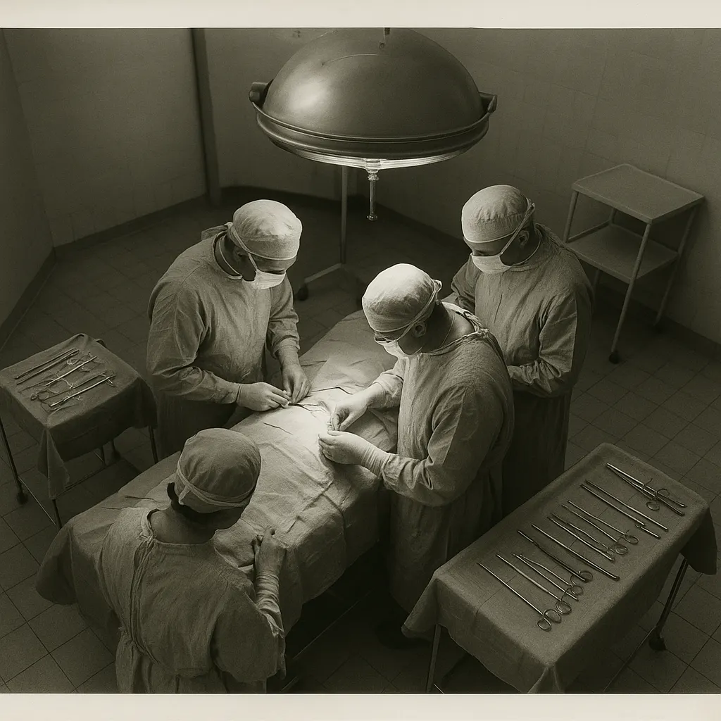 Operating theatre interior with surgical team in aseptic protocol, circa 1955.