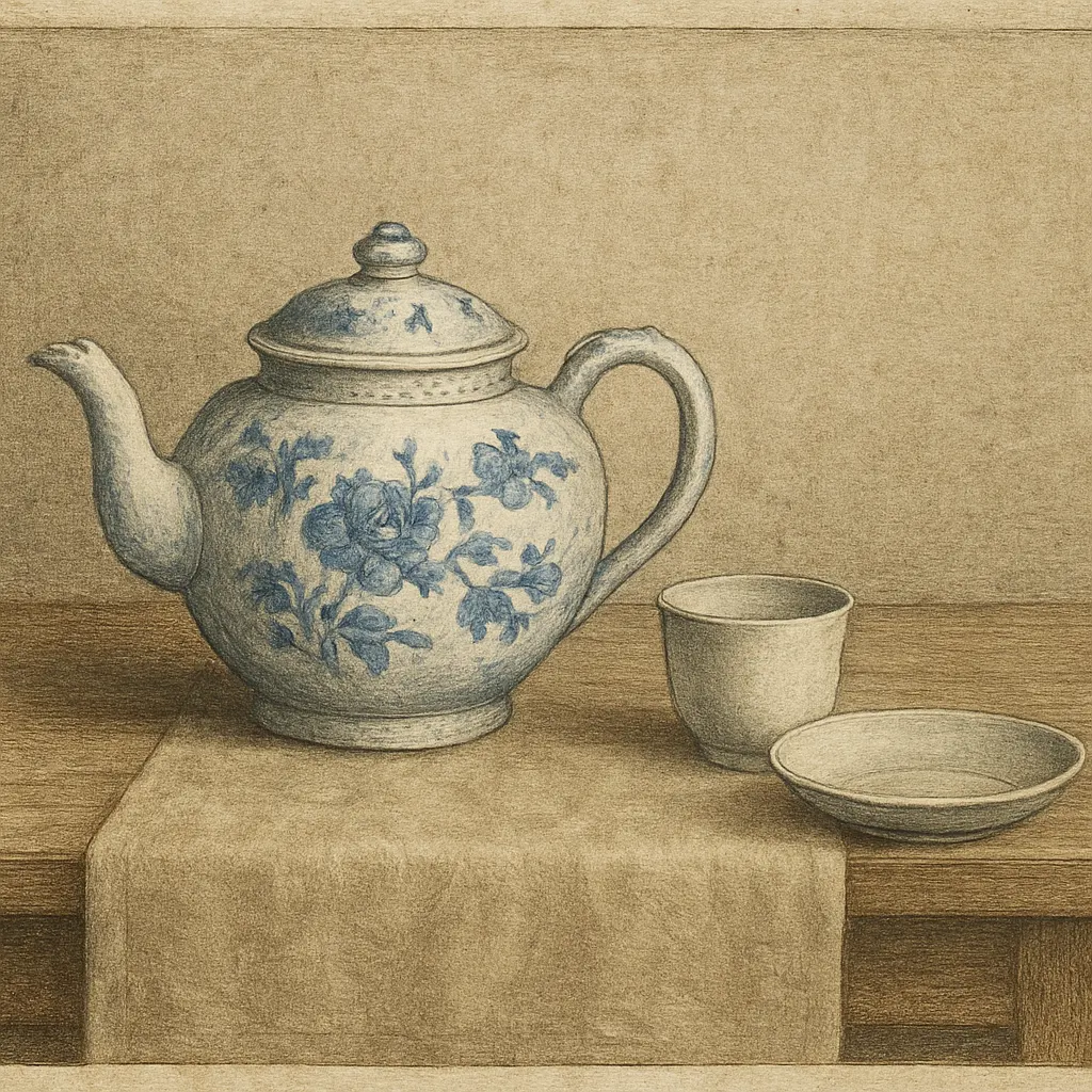 Chinese porcelain tea service ware, seventeenth century. Glazed ceramic with underglaze decoration.