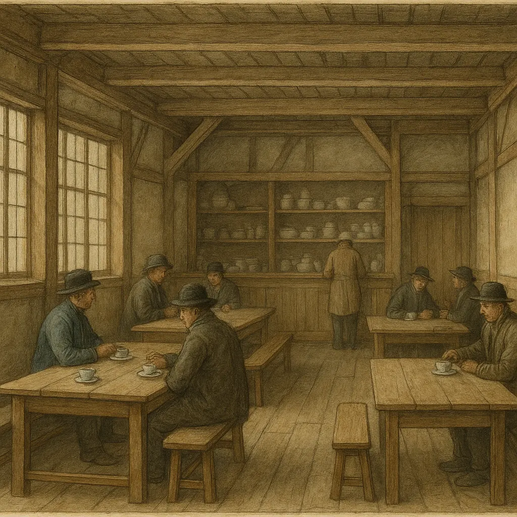 A teahouse interior, Northern Europe, circa 1680. Engraving, hand-coloured.