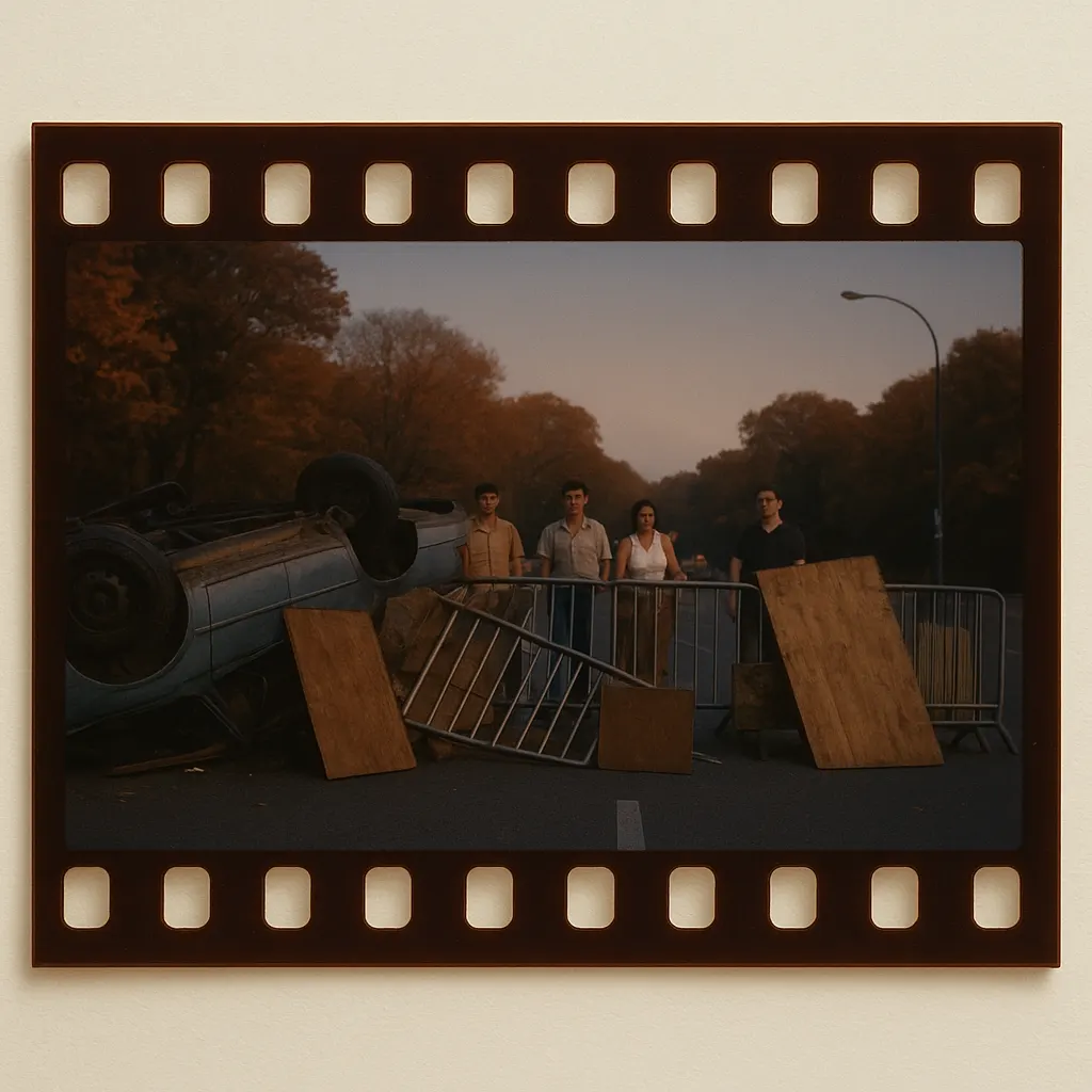 Barricade at the White House, Moscow, August 1991. Colour film.