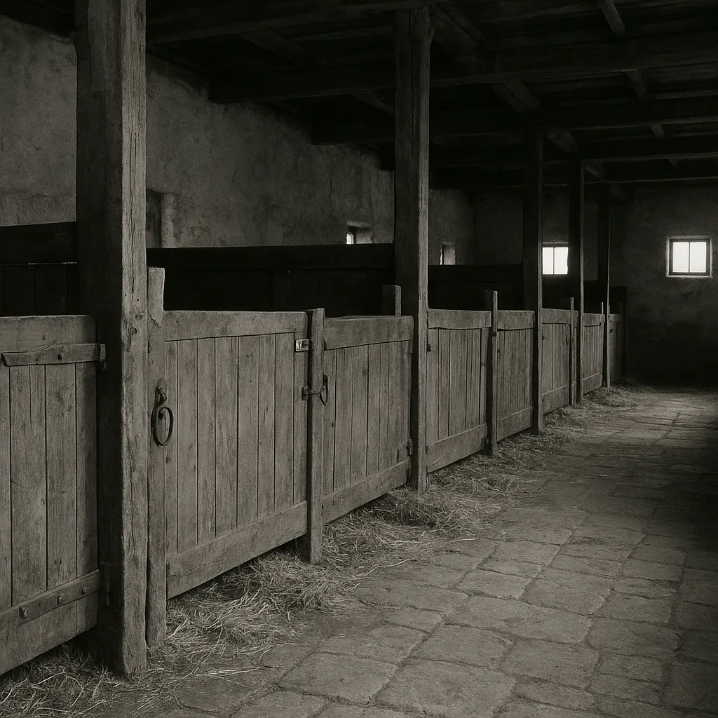 Hyperimmunized horse stalls, serum production facility, Germany, circa 1960.