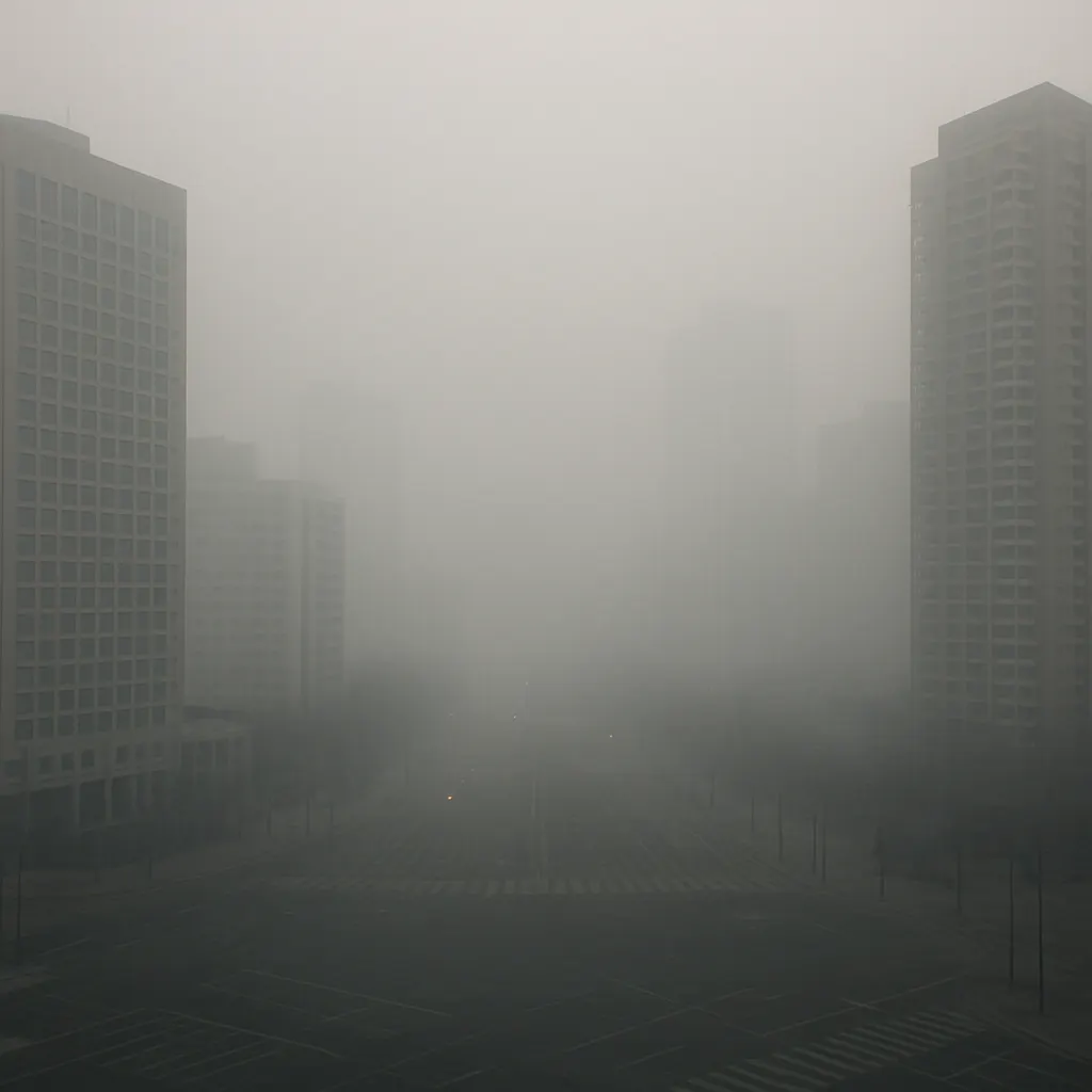 Winter smog over a northern Chinese city during thermal inversion, circa 2010.