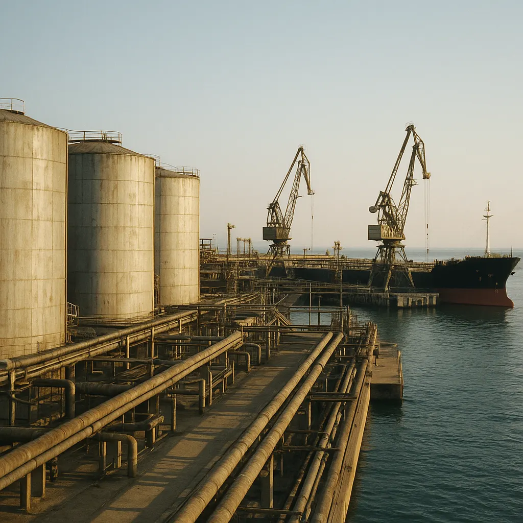 Oil terminal at a Black Sea port, colour photograph, circa 1997.