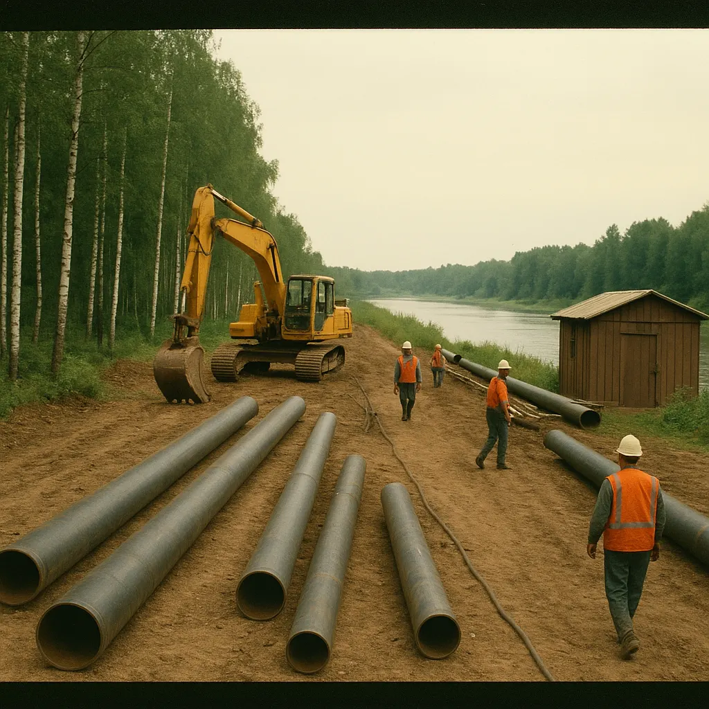 Pipeline construction site on the Amur River, Blagoveshchensk region, 2008. Steel pipe sections and welding equipment.