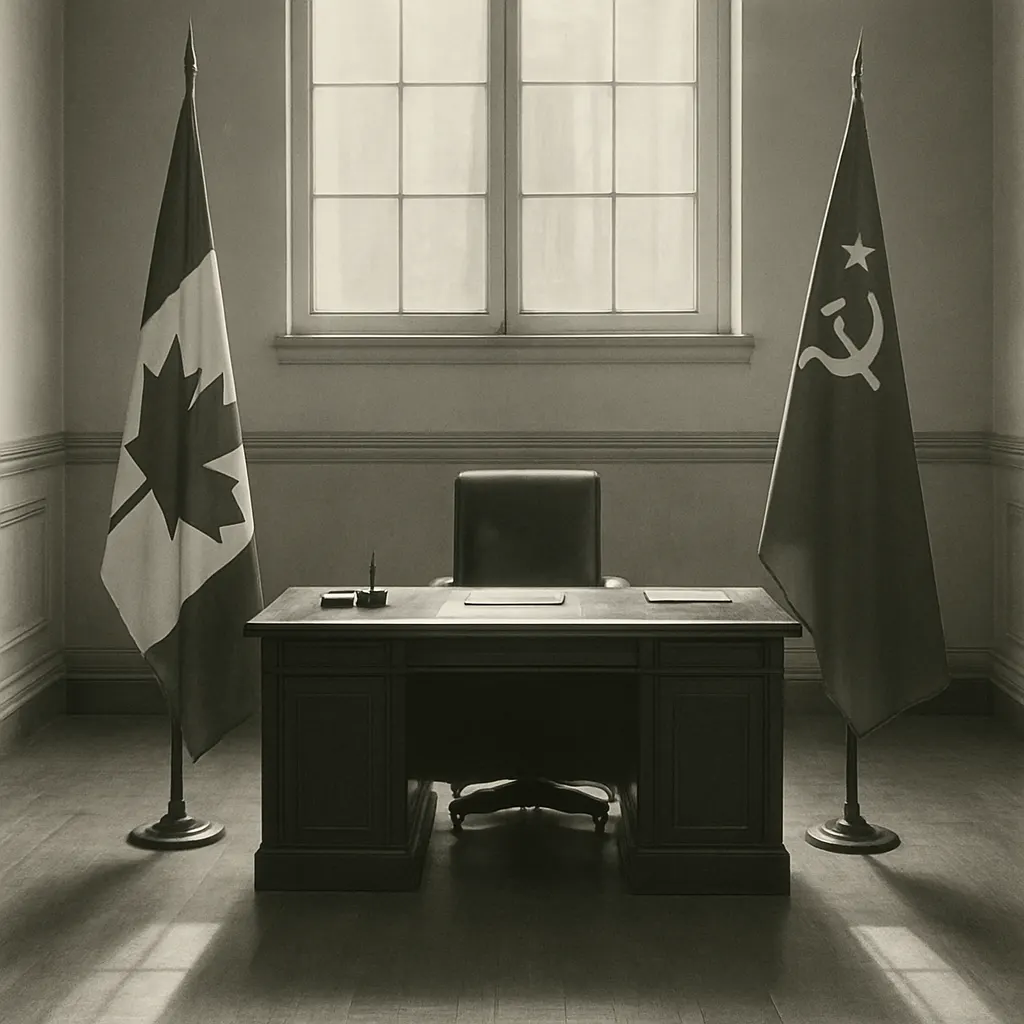 Canadian and Union flags in a federal ministry office, Ottawa, 1992.