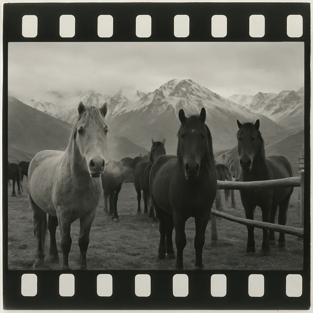 Immunized horses in high-altitude mountain pasture, Caucasus region, circa 1935.