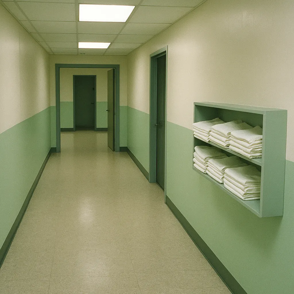 A hospital clean ward corridor showing color-coded transitions and disposable garment distribution, circa 1975.