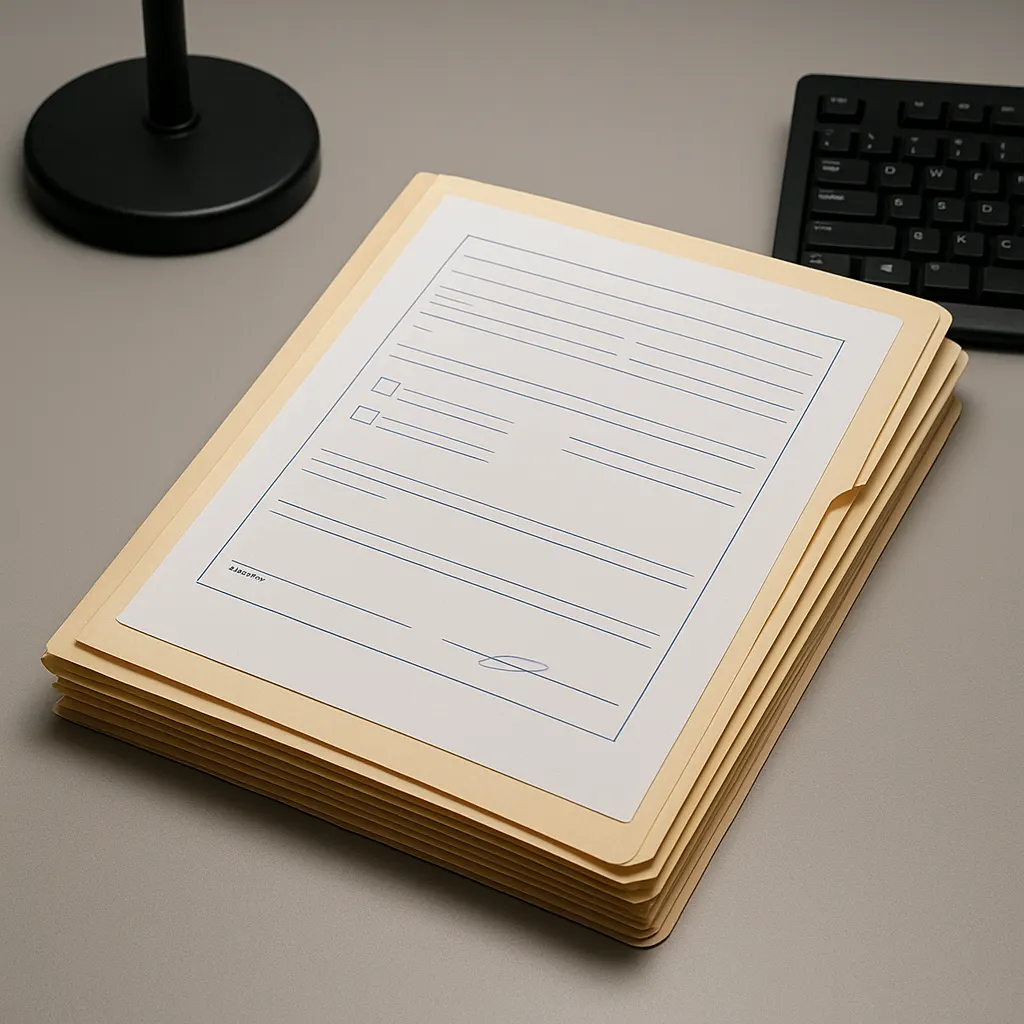 Disclosure form on paper, circa 2010. Ink, cardstock, manila folder.