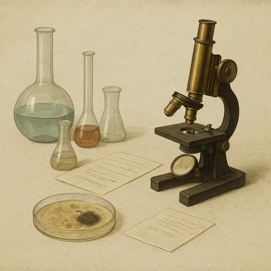 French military hospital laboratory, c. 1895. Culture media and microscopy apparatus used in early bacteriological observation.