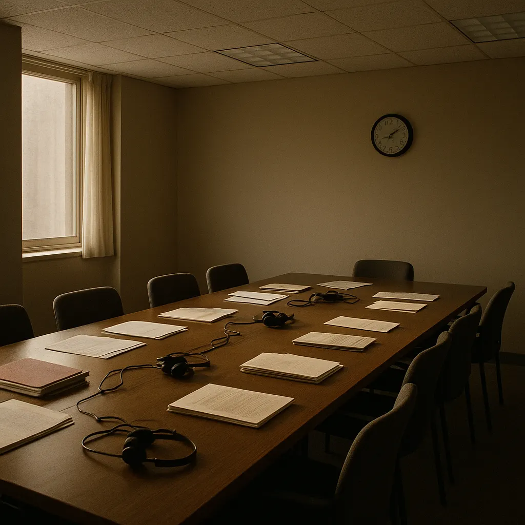 Assessment team meeting room during field work, Baltic states, 2005. Colour photograph.