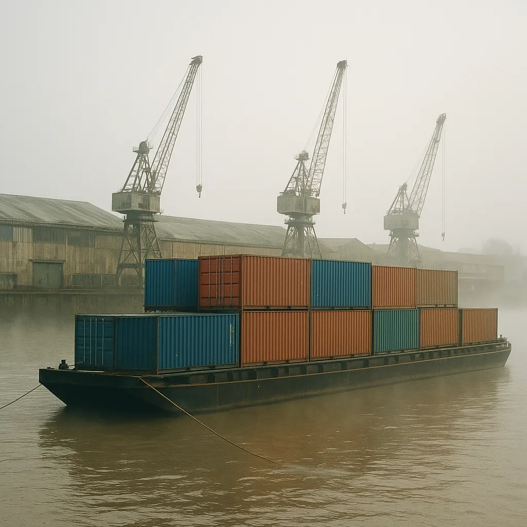 Container barge on the lower Danube, 1990s. Colour slide.