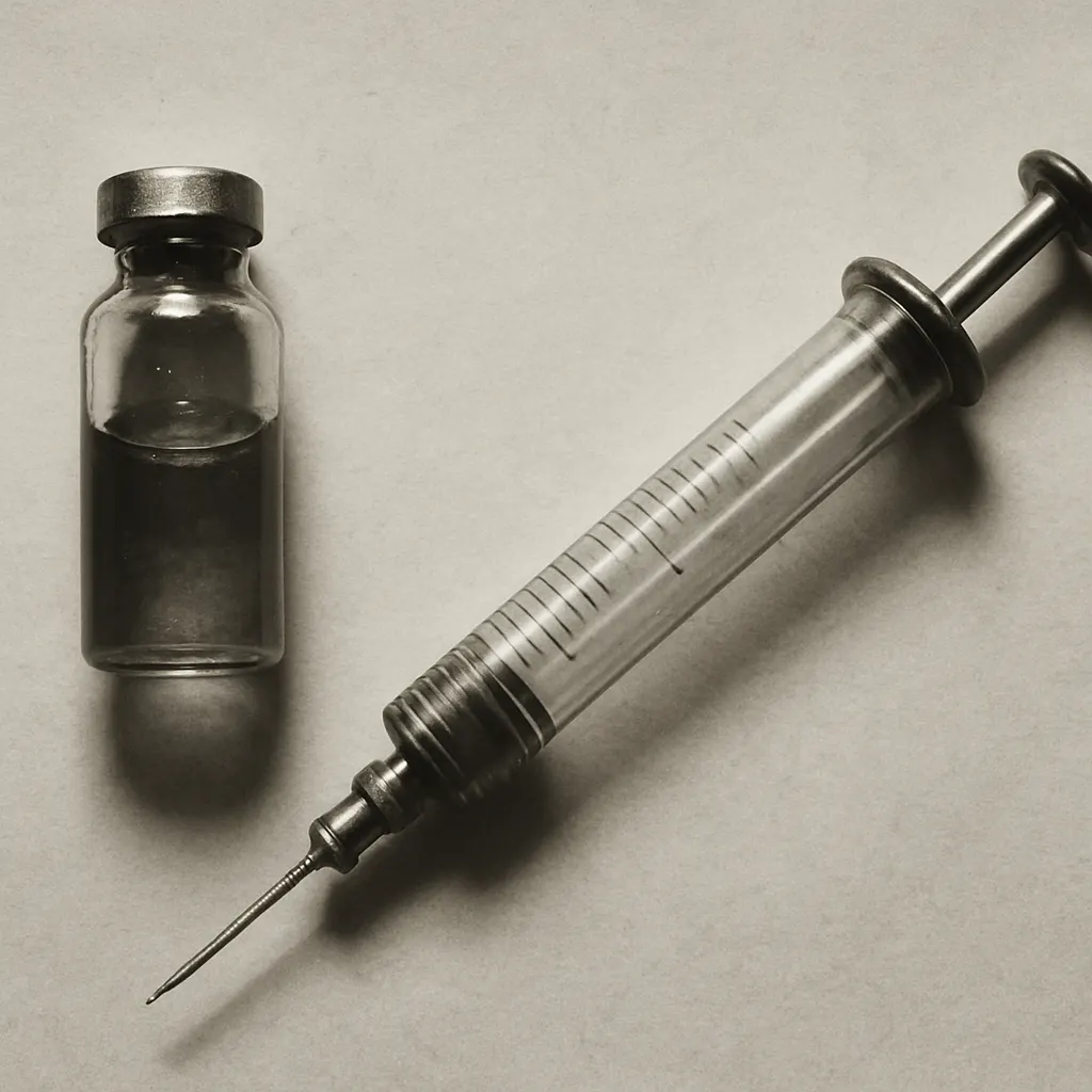 Diphtheria antitoxin in glass vial with syringe, circa 1925. Serum therapy materials.