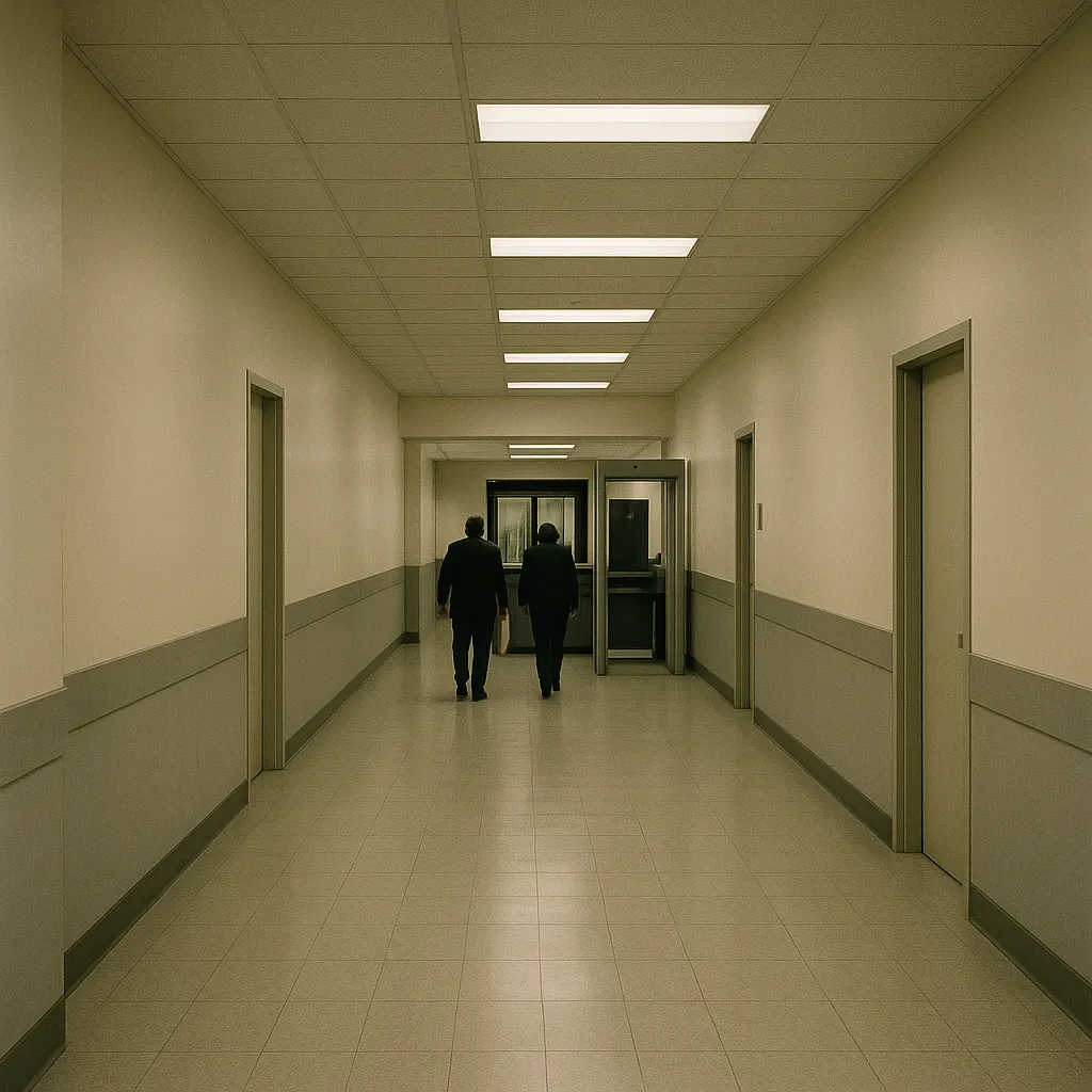 Federal courthouse corridor, Southern District of New York, 2024. Photograph.