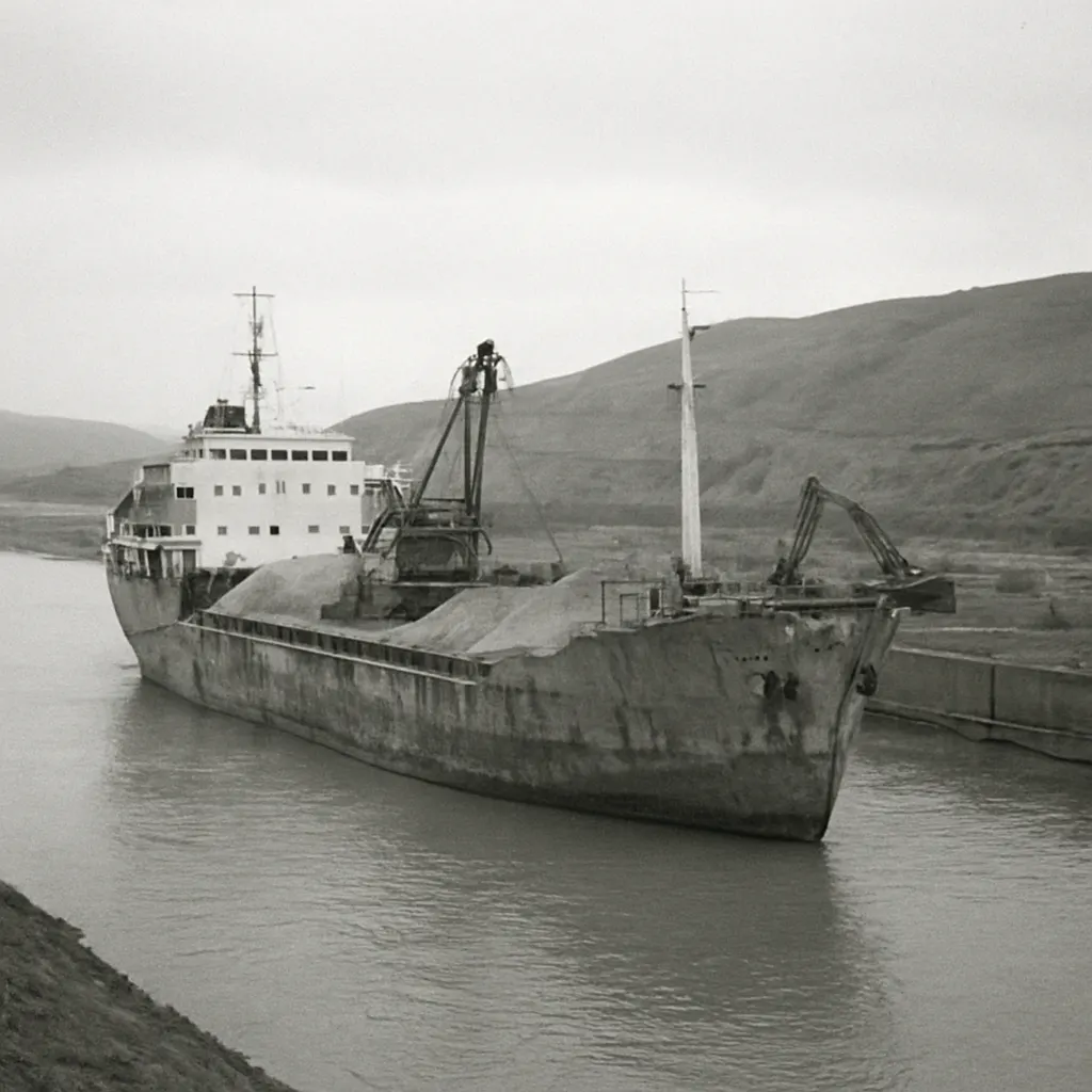 Suez Canal after 1956 ceasefire, with blockship debris. Photograph, c. 1957.