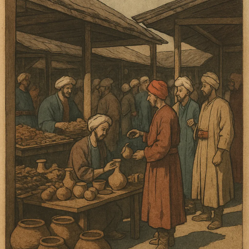 Ottoman market scene with sherbet merchants and customers, Eastern Mediterranean, circa 1570.