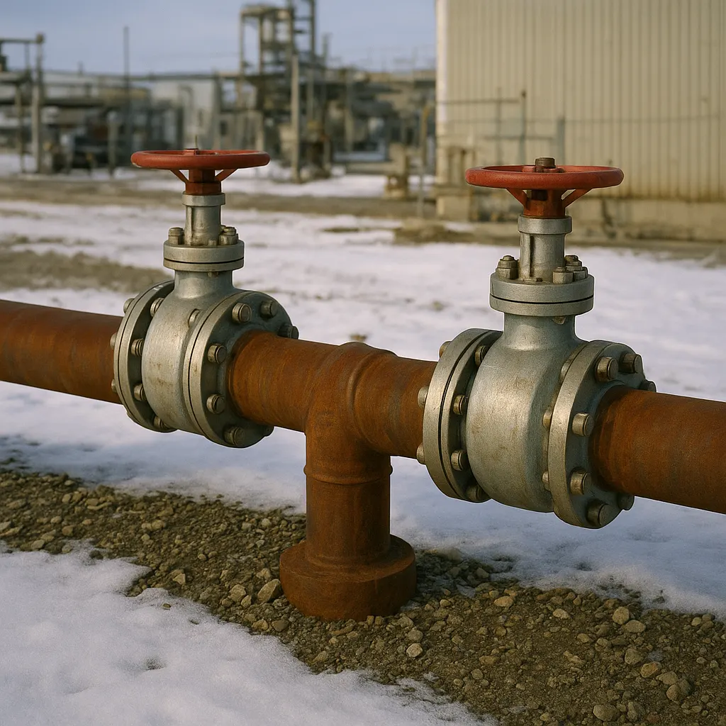 Pipeline junction in Siberian extraction zone, steel and valve assembly, early 1990s.