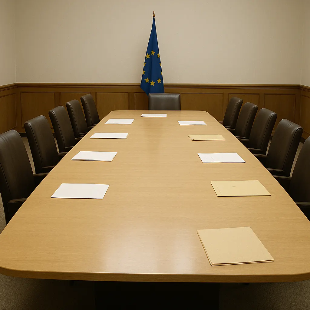 Commission meeting room, Brussels, mid-1990s. Wood and fabric furnishings typical of EU administrative interiors.