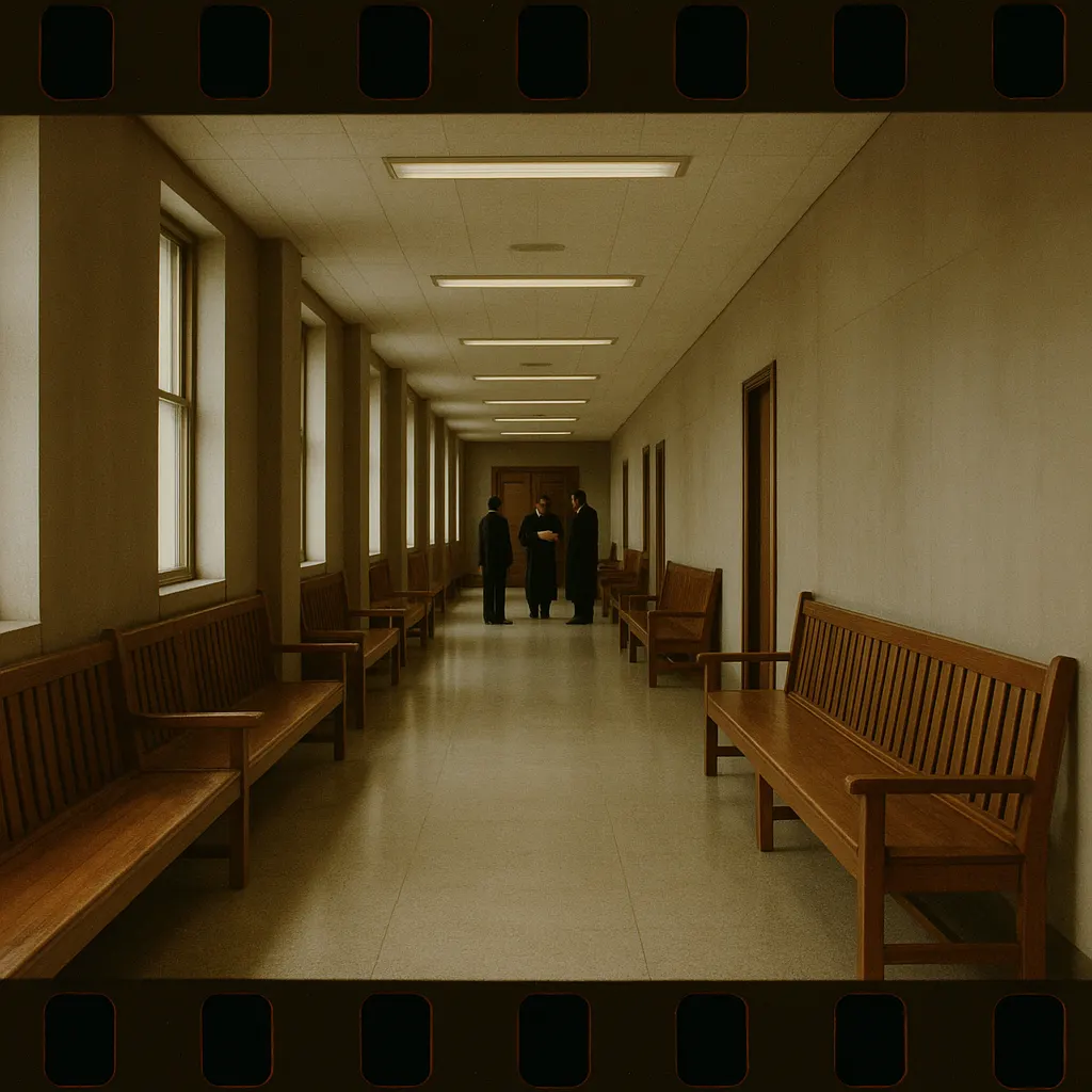 Federal courthouse hallway, United States, 2026. Photograph.