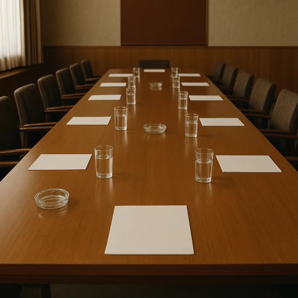 A negotiating table in a Union government building, c. 1992. Wood veneer, Soviet-era fittings.