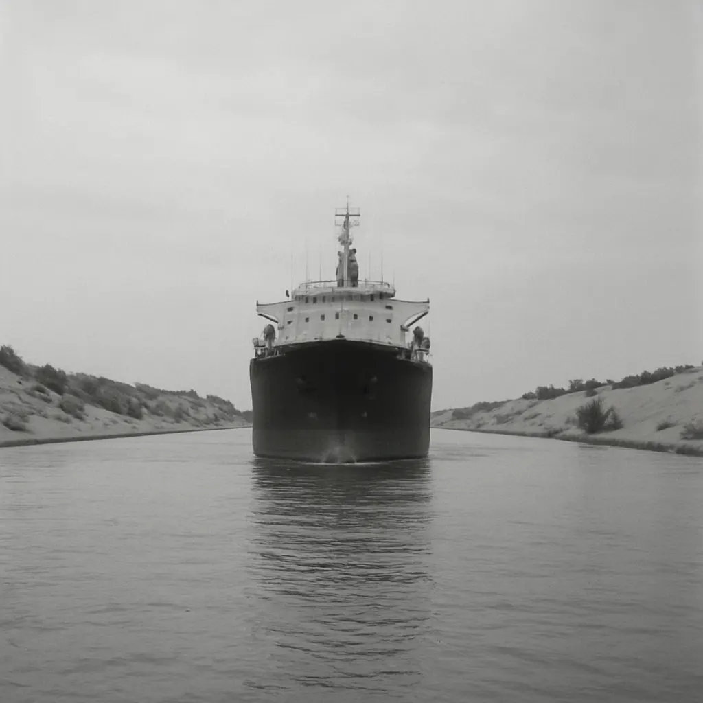 A merchant vessel transiting the Suez Canal, 1950s. Photograph.