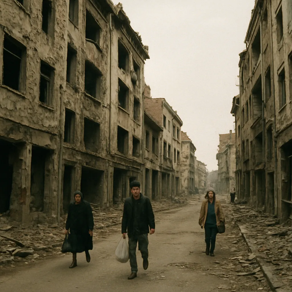 Street in Tbilisi after fighting, 1992. Colour photograph.