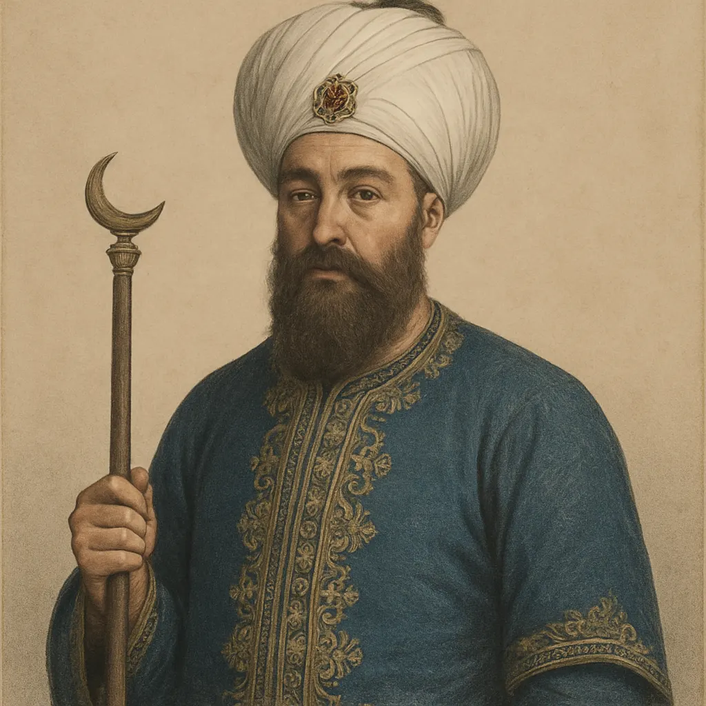 Portrait of a Grand Vizier, engraved and hand-coloured, Ottoman, circa 1650s. Staff and ceremonial dress.