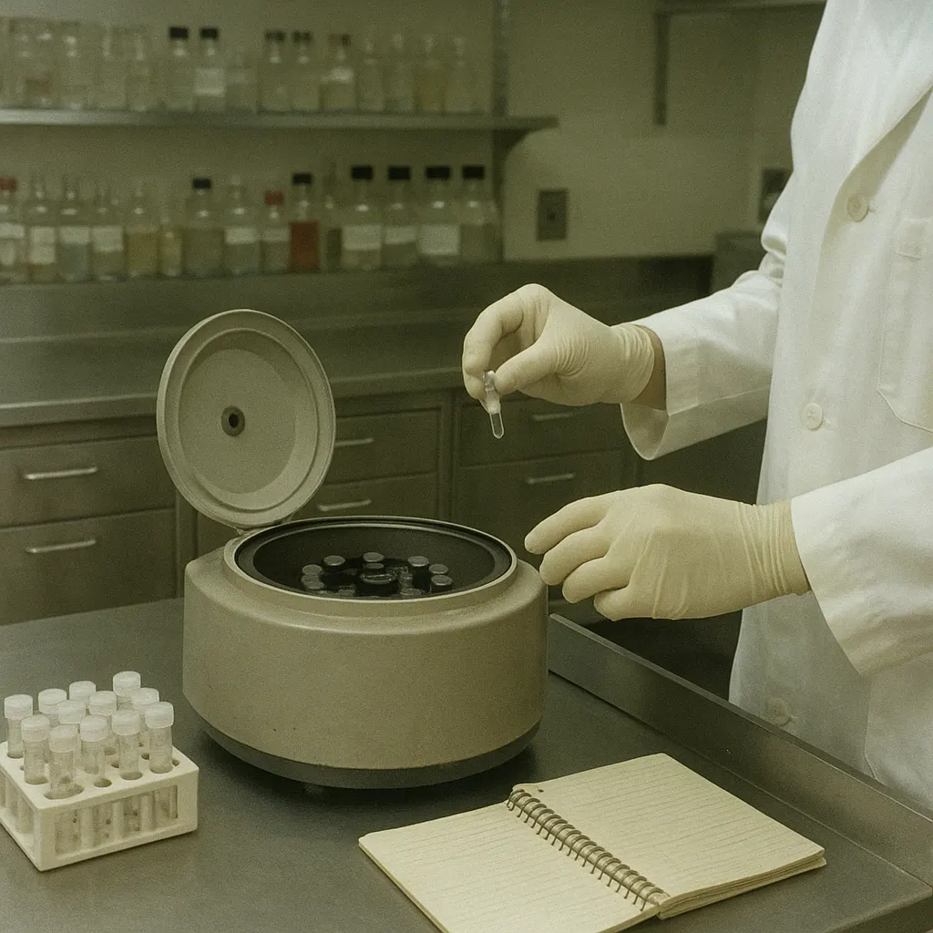 Hospital laboratory serum harvesting, circa 1972. Stainless steel benches, glass bottles, centrifuge equipment.