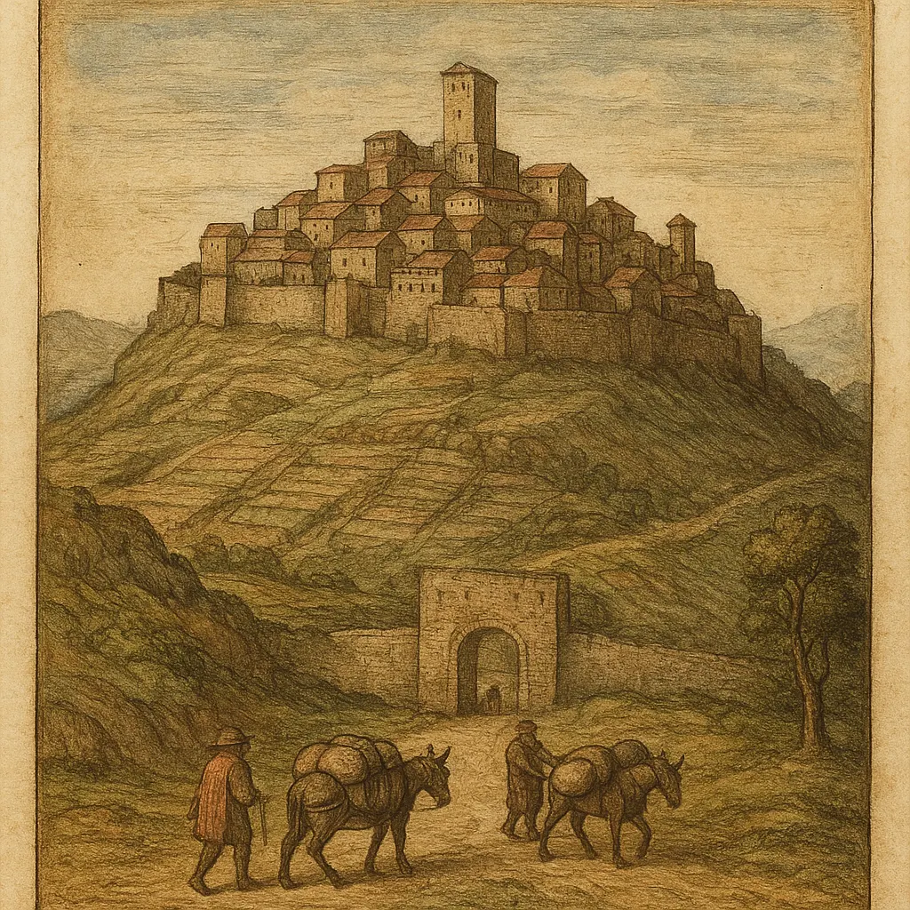 Harar and its surrounding plateau, showing the fortified walls and terraced coffee cultivation, engraving, Ethiopia, c. 1520.