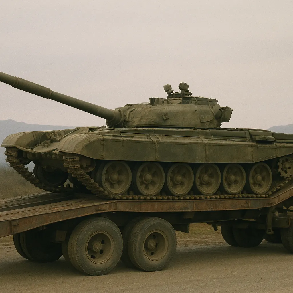 Soviet T-72 tank on transport truck, Caucasus region, 1985.
