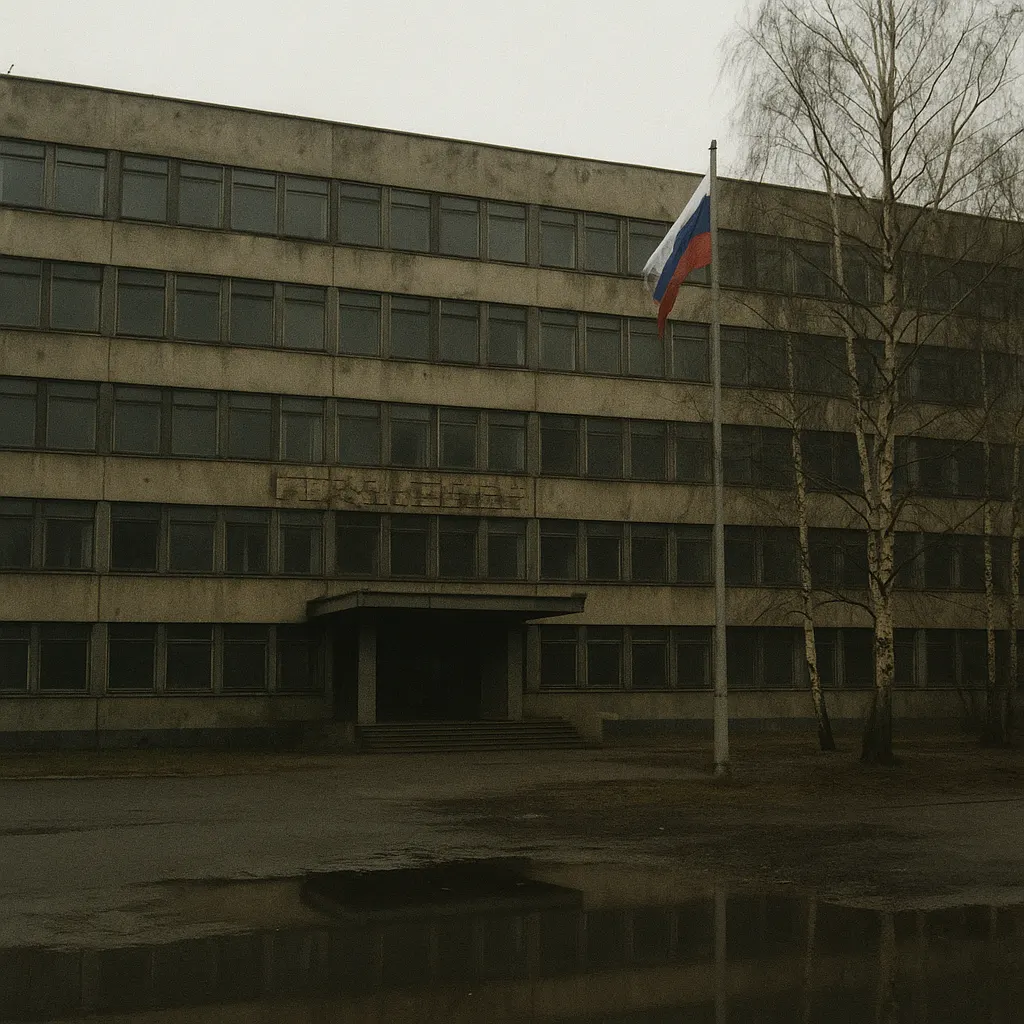 Administrative headquarters of the Kamarov Free Economic Zone, 1995. Concrete, metal, paint. Kamarov, Russian Sovereign Republic.