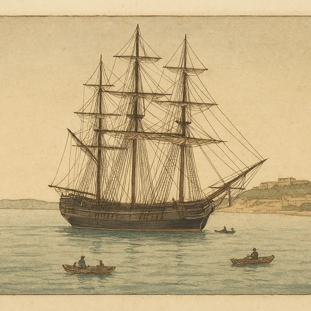 Portuguese trading ship off a fortified anchorage, early sixteenth century, woodblock print.