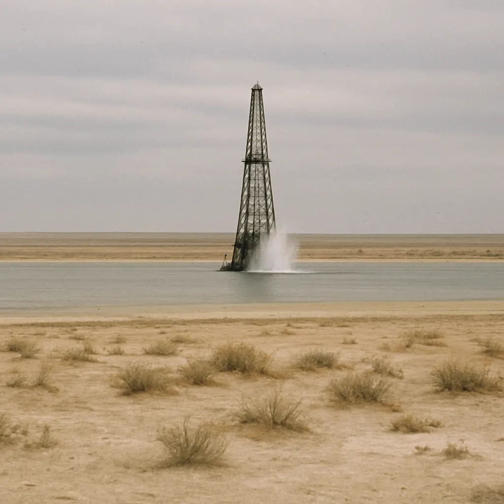 Oil extraction platform in the Caspian shallows, Mangystau Region, mid-1990s.