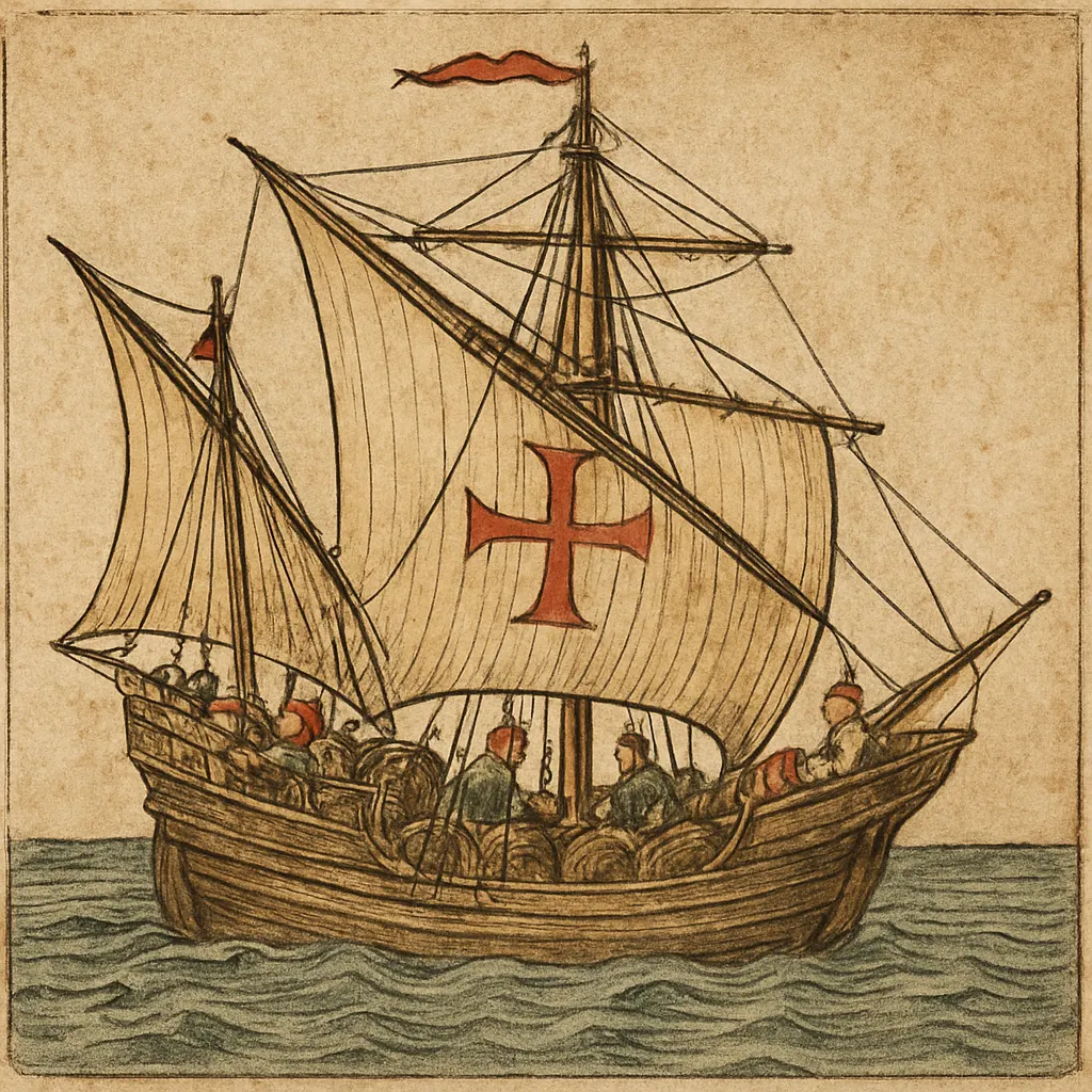 Portuguese trading vessel, sixteenth century. Woodblock print, hand-coloured.