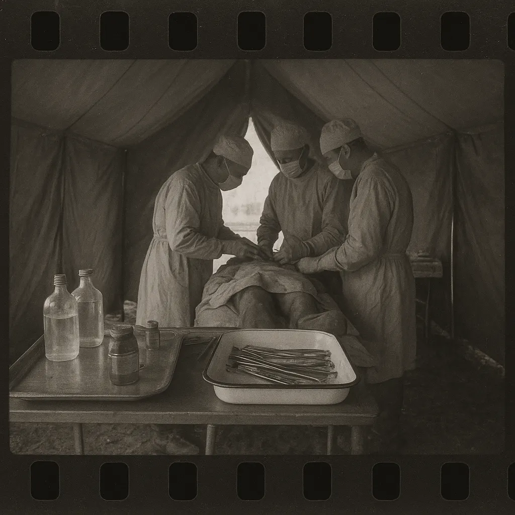 Field surgical station, Normandy, June 1944. Canvas tent, surgical team, irrigation equipment.
