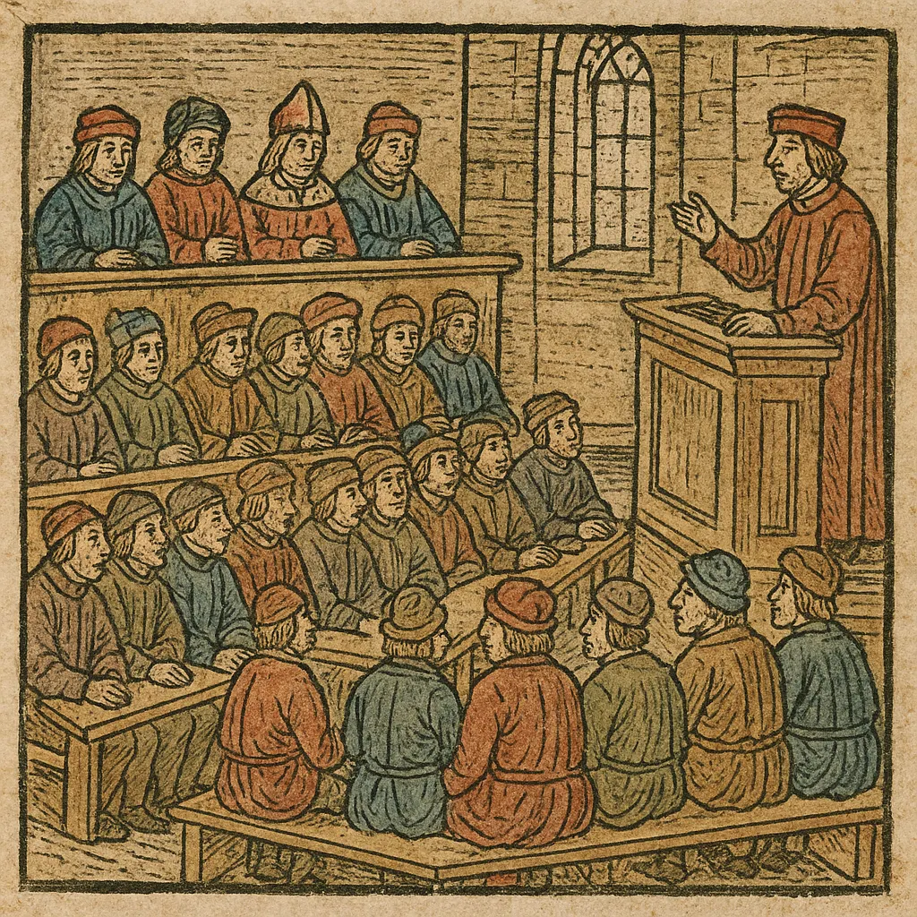 English Parliament in session, late fourteenth century. Woodblock print, hand-coloured.