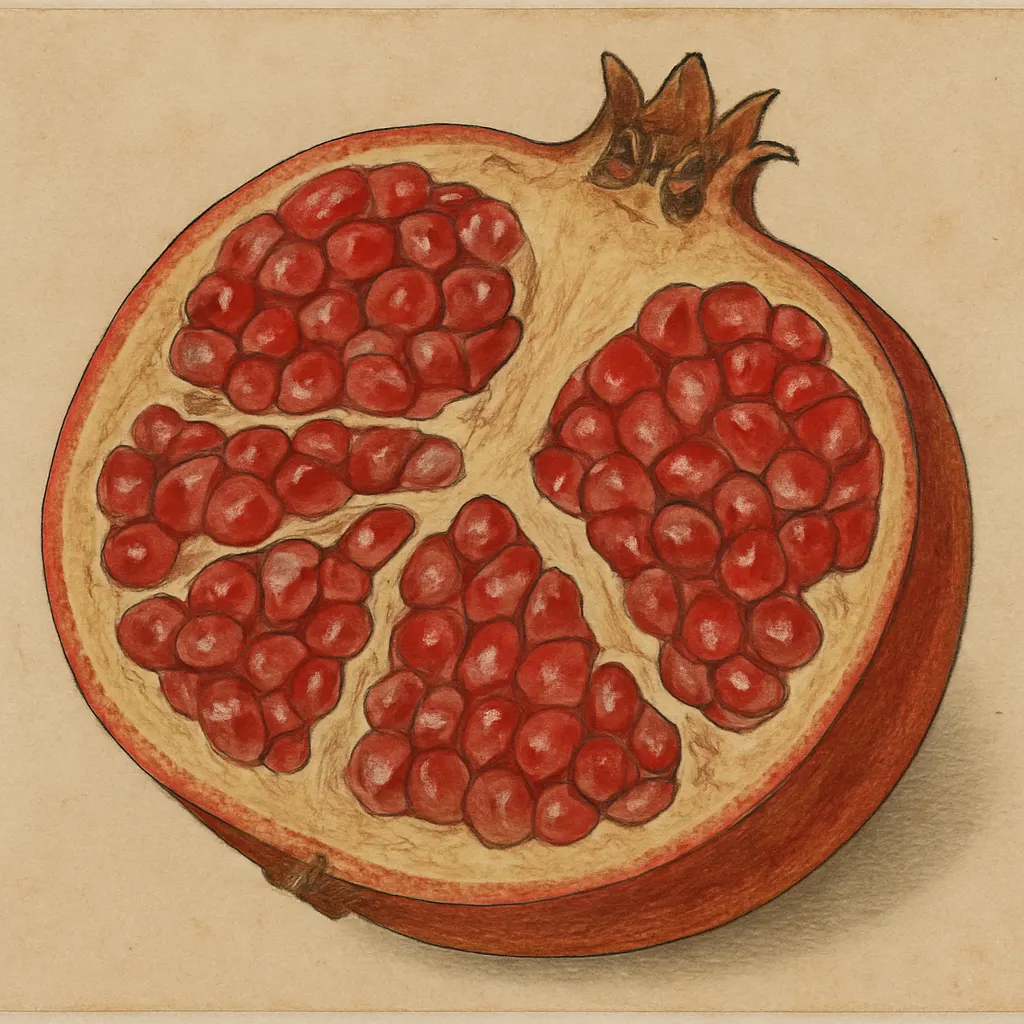 Pomegranate cross-section. Woodblock print, hand-coloured, Mediterranean, circa 1560.