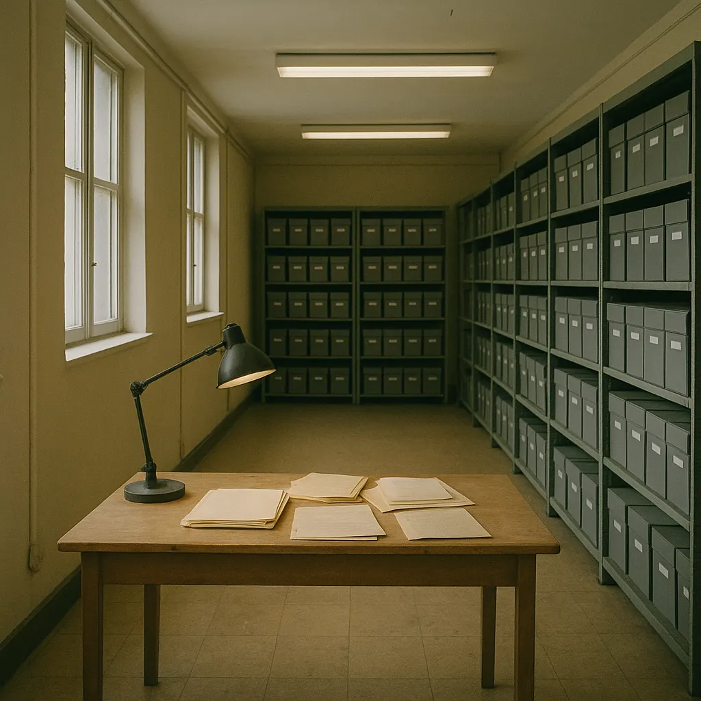 Vienna Monitoring Office archive reading room, Vienna, 1994. Metal shelves hold classified field reports and correspondence.