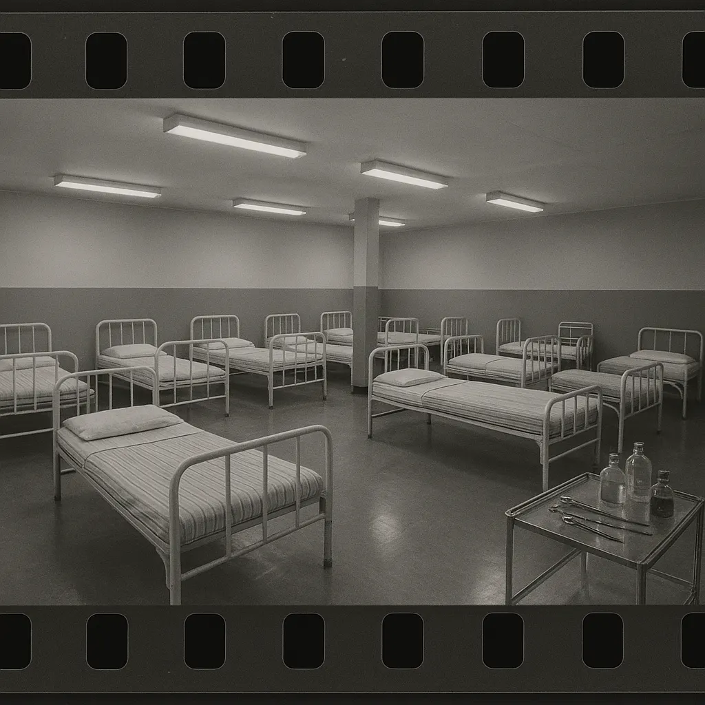 Clean ward interior, hospital, circa 1955. Photograph on 35mm safety film.