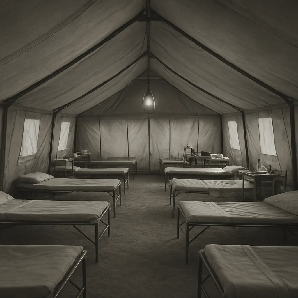 Field surgical hospital tent, Sicily, 1943. Canvas, metal beds, medical supplies.