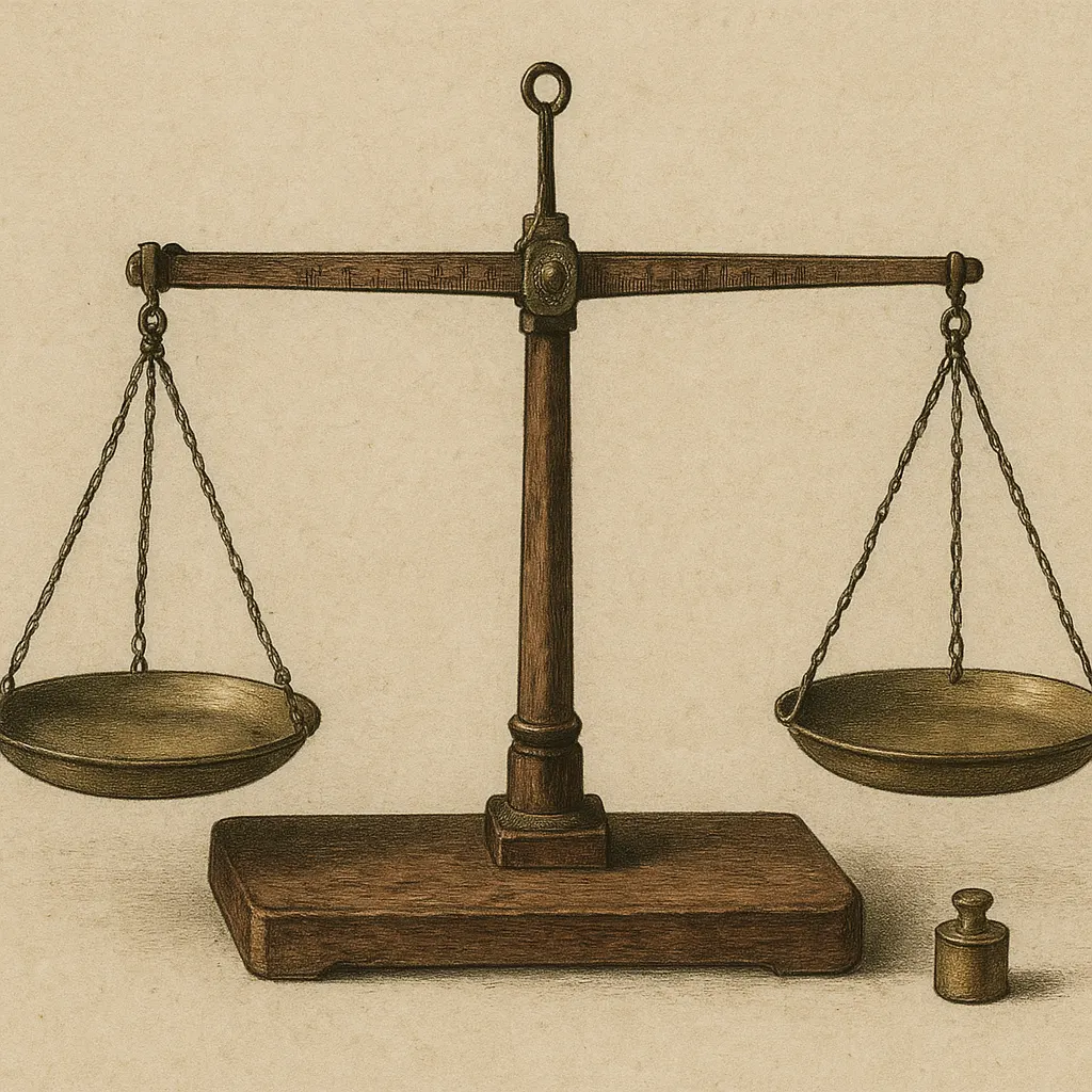 Merchant's balance for weighing spices, early sixteenth century engraving. Brass and wood.