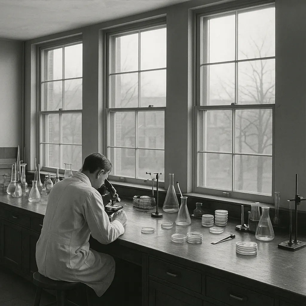 Stanford Microbiology Department laboratory, circa 1965. Gelatin silver print.