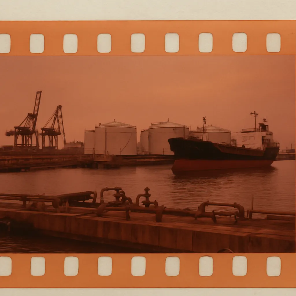 Novorossiysk petroleum terminal and tanker, circa 1999. Oil export facility on shallow water.