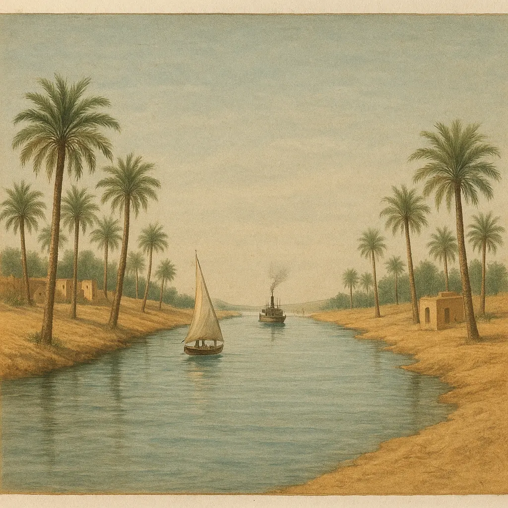 The Suez Canal near Ismailia, circa 1875. Hand-coloured lithograph.