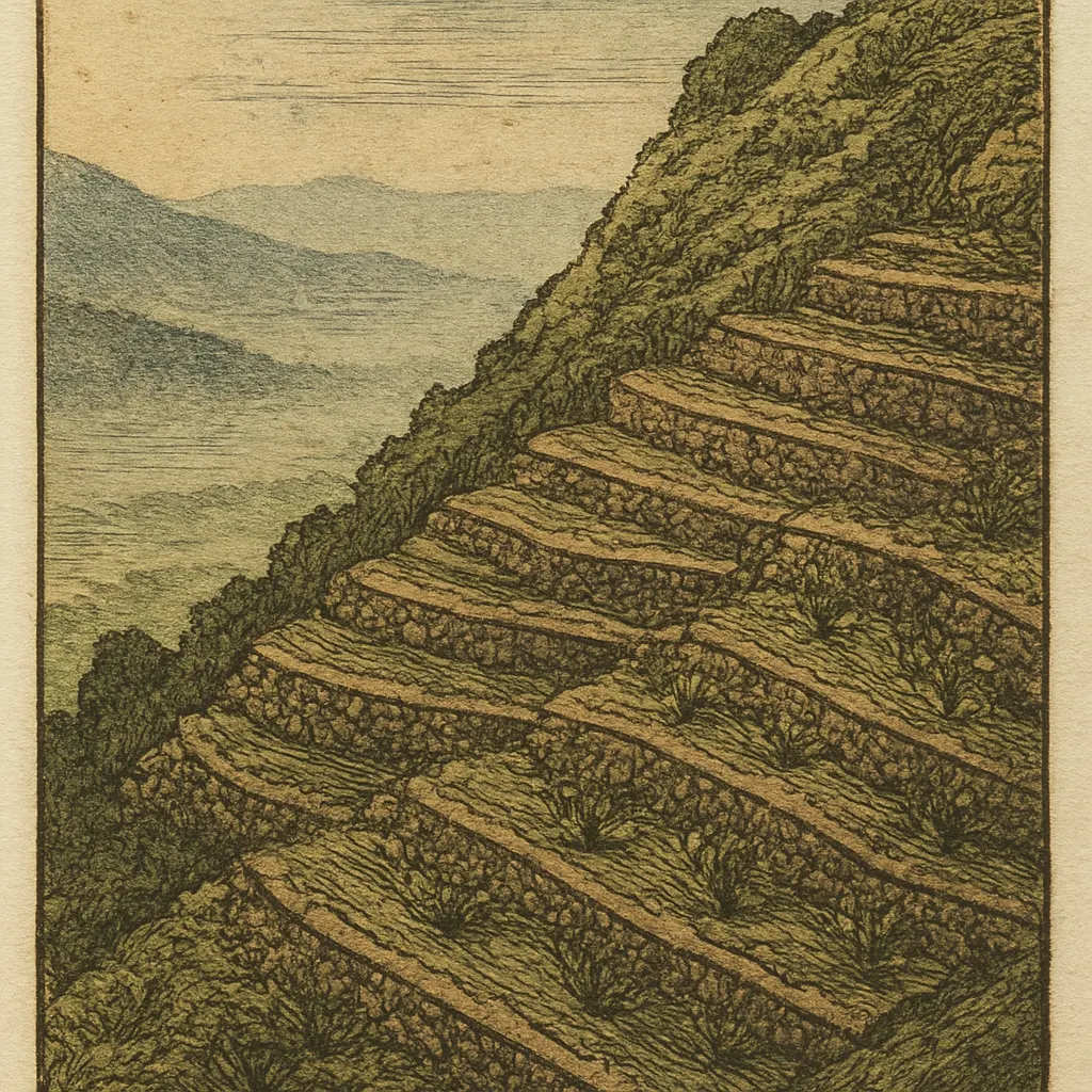 Coffee terraces on the Yemeni escarpment, c. 1575. Woodcut with hand colour on paper.