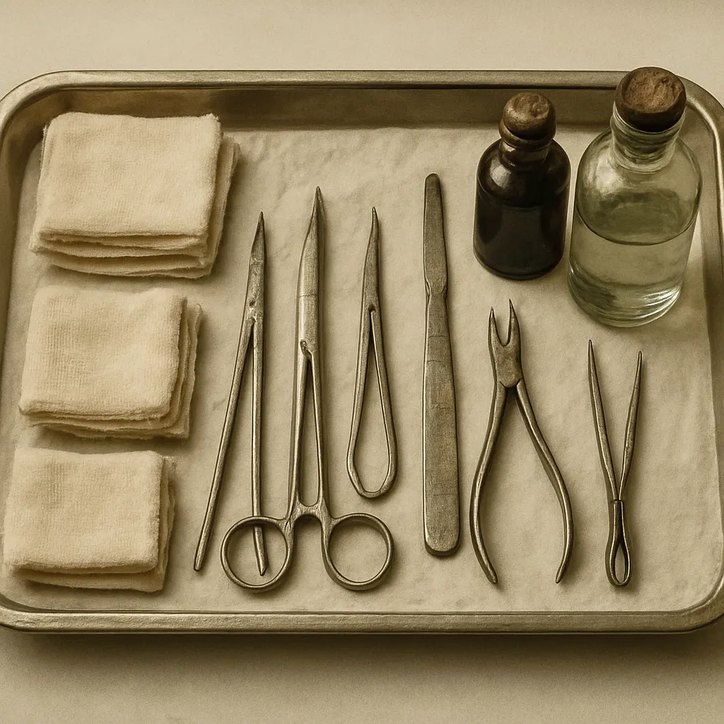 Surgical instruments and antiseptic compounds, United States Army field hospital, 1943–1944. Photograph.