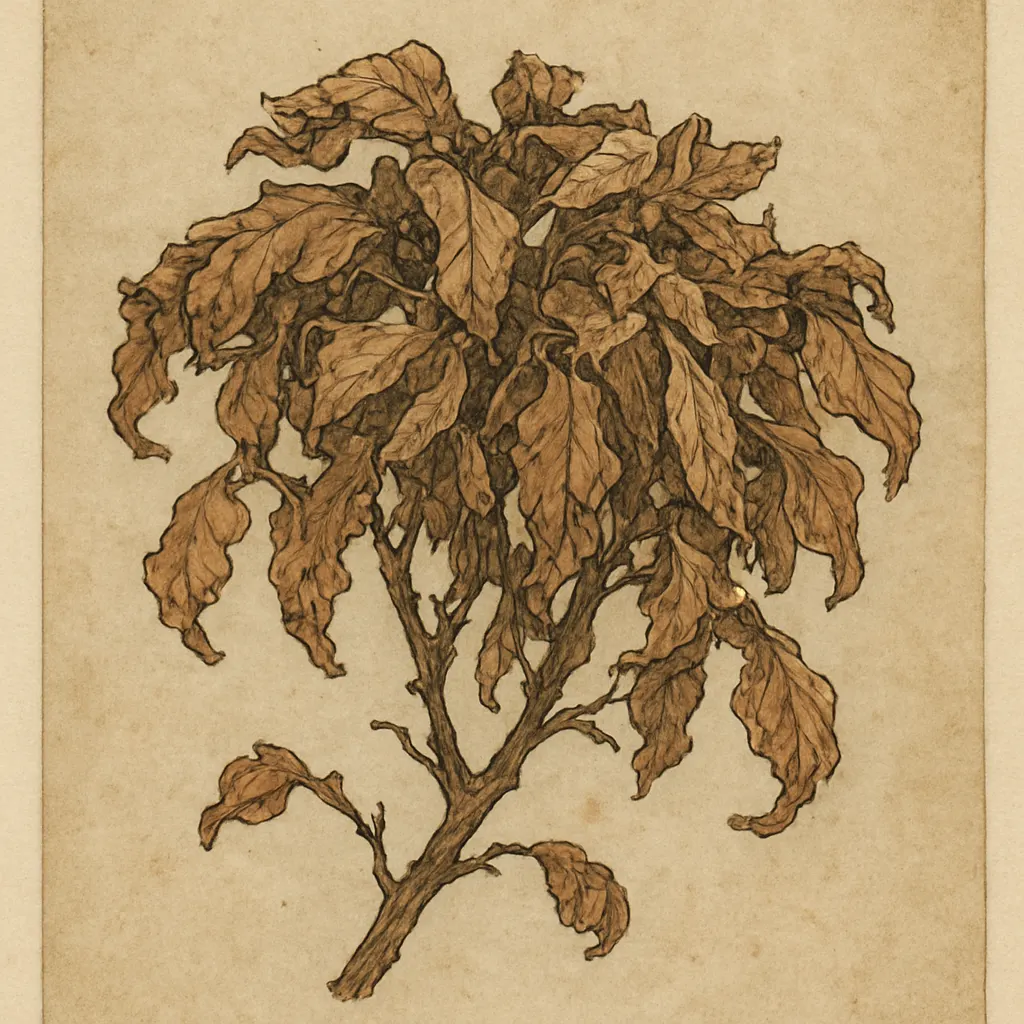 Coffee shrub affected by blight, Kaffa province. Hand-coloured woodblock, Ethiopian, circa 1560.